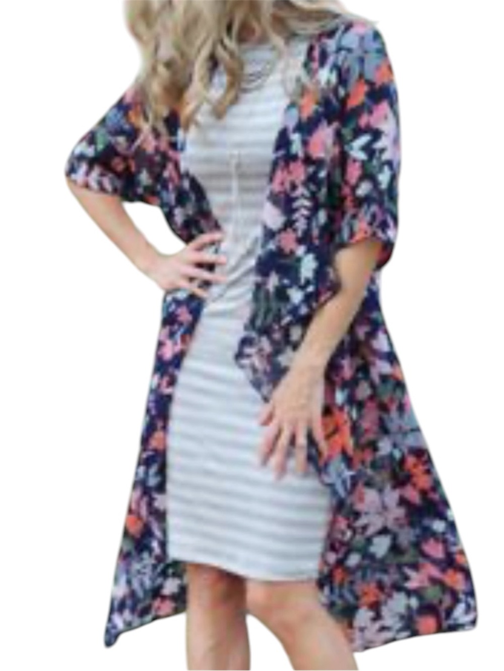 LuLaRoe Shirley Kimono Navy Blue Floral Chiffon Small Boho Beach Cottagecore